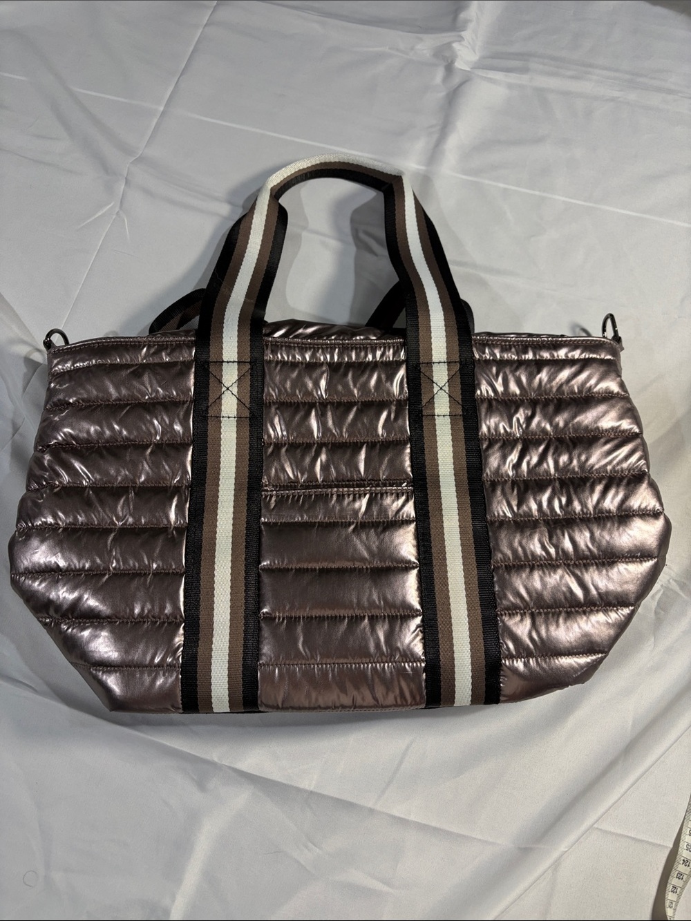 THINK ROYLN Metallic Taupe Quilted Tote with Striped Webbing Handles